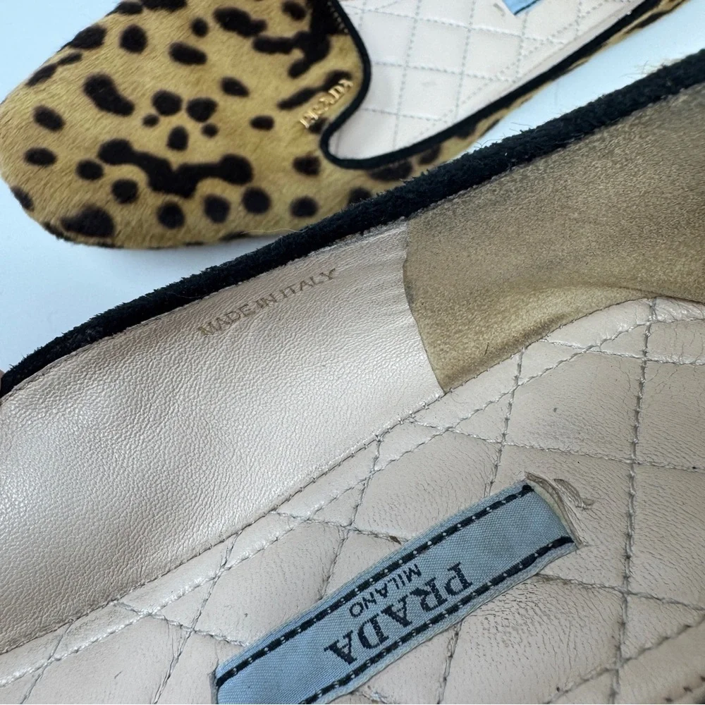 Prada Brown Black Pony Hair Leather Cheetah Print Loafer Flats